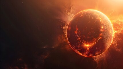 Wall Mural - fiery volcanic planet erupting mirroring solar flares in cosmic darkness