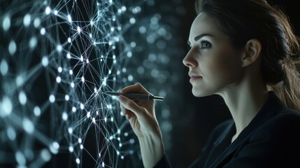 Poster - A woman interacts with a digital network, symbolizing innovation and technology.