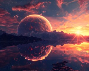 Wall Mural - mirrored planetary landscape with brilliant sunlight reflection