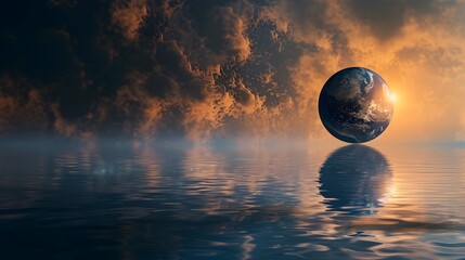 Wall Mural - mirrored planet reflecting radiant sun in dramatic cosmic seascape
