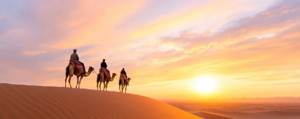 cameleers with camel on sand dunes of desert with bright sun on sky background