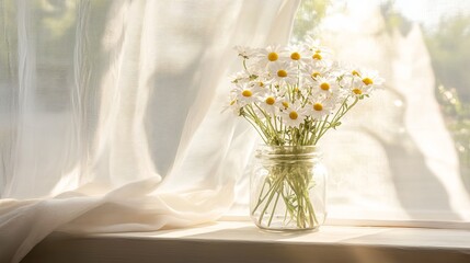 Wall Mural - There is a vase filled with daisies on a windowsill facing white drapes