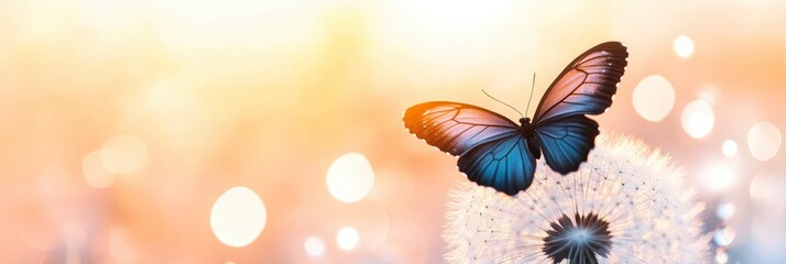 butterfly on wet dandelion with bright blur bokeh background