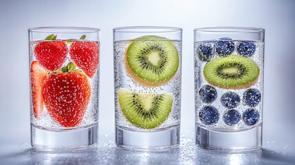 An array of fruits and vegetables submerged in water on a table in a glass