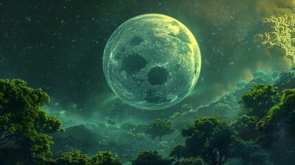Wall Mural - a lush bioluminescent moon orbiting a majestic gas giant in a serene cosmic landscape