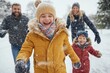 © Milos - Family having fun in the snow, with children running and playing in winter clothing, capturing the essence of joyful outdoor family activities on a snowy day.