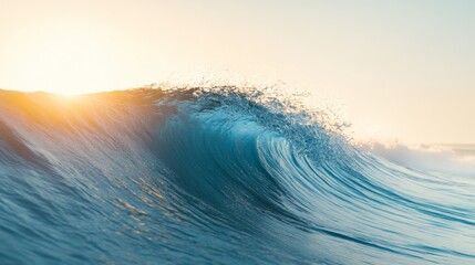 In this close-up photo, a wave splashes water on top of a blue sky in the background