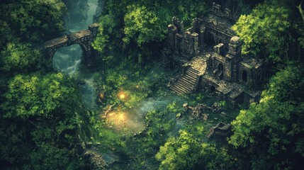 Fantasy map of a mystical forest filled with ancient ruins and magical creatures