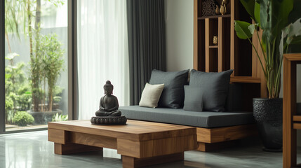 Wall Mural - A small Buddha statue in a living room with a modern and warm interior. Buddha, Buddha interior