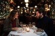 © Milos - A couple enjoys a festive dinner date in a beautifully decorated restaurant, with Christmas trees and lights, capturing the warmth and joy of the holiday season.