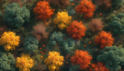 Wall Mural - Forest-themed fall clearance frenzy in vibrant triadic colors, illustrated from a top view in flat design with 3D render techniques