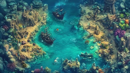 Wall Mural - Map of a hidden underwater kingdom with coral reefs and sunken ships