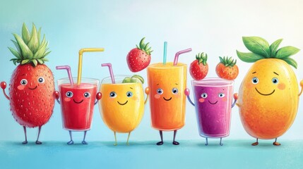 A whimsical illustration of cartoon fruit characters, each holding a glass of juice, perfect for children educational materials about healthy eating and hydration.