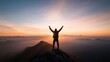 © TENTIP - Silhouette of a person with raised arms standing on mountain peak at sunrise, symbolizing victory, accomplishment, and freedom.