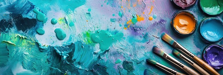 Poster - bright colors splash across a canvas as brushes lie nearby, showcasing an abstract artistic process 