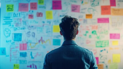 Poster - A young professional brainstorming in front of a whiteboard filled with colorful diagrams and mind maps, capturing the energy of creative thought and problem-solving.