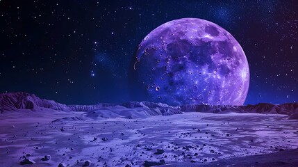 Wall Mural - vibrant purple moon shining over barren lunar landscape at night