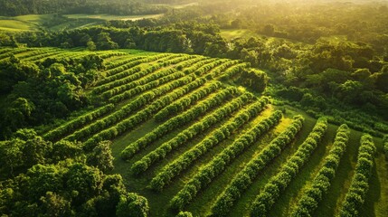 Poster - An aerial view of a large reforestation project, highlighting rows of newly planted trees in a vibrant green landscape, demonstrating the impact of environmental restoration.