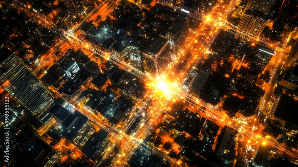 An aerial view of a smart city at night, with a glowing web of wireless ...