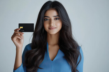 Wall Mural - Young beautiful woman showing card on white background