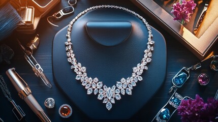 Poster - An artistic flat lay of a diamond necklace surrounded by colorful gemstones, jewelry cleaning tools, and elegant packaging, emphasizing the beauty and care of fine jewelry.