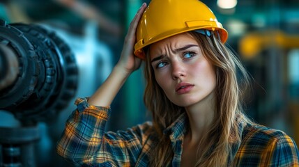 Poster - a woman wearing a yellow hard hat is looking at something