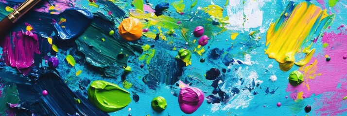 Poster - bright splashes of color adorn a palette, while paintbrushes rest by an abstract canvas showcasing a