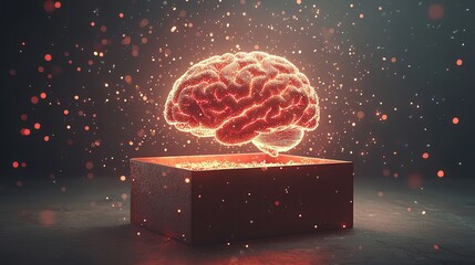 Poster - A glowing brain hovering above a box, surrounded by sparkling particles, symbolizing creativity and intelligence in a surreal environment.