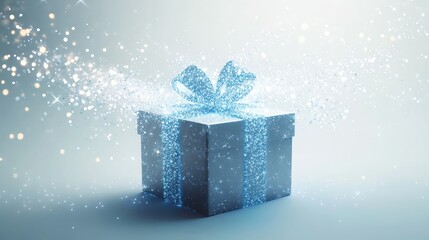 Poster - A beautifully wrapped gift box with a sparkling blue ribbon and magical particles, perfect for celebrations and festive occasions.