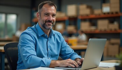 man with a beard, wearing a blue collared shirt, sitting at a desk and working on a laptop computer in an office or warehouse setting created with generative ai.	