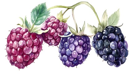 Wall Mural - Watercolor raspberry and blackBerry isolated. Pattern. Botanical illustration.
