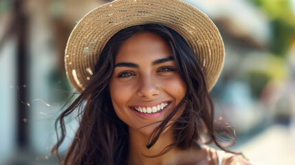 Sticker - Happy indian woman wearing summer hat