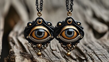 Intricate black and gold eye pendant on a black chain, beautifully contrasting with a rustic wooden backdrop