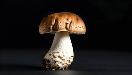 Fresh shiitake mushroom on black background showcasing a brown cap and white stem