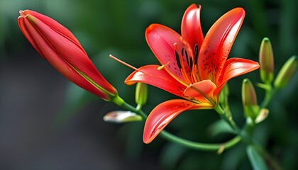 Elegant red lily in full bloom with a delicate bud, symbolizing beauty and renewal.