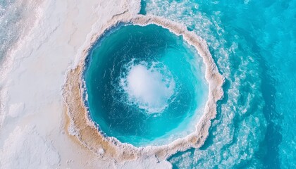 A geyser pool surrounded by vibrant blue water, the powerful jets creating ripples on the surface