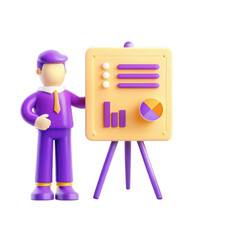 Poster - A cheerful 3D businessman stands next to a colorful presentation board displaying charts and graphs, representing data analysis and success.