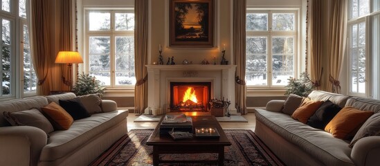 Wall Mural - A cozy living room with a fireplace, two sofas, a coffee table, and large windows with snowy scenery outside.