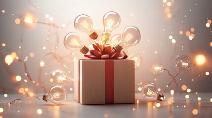 A beautifully wrapped gift box adorned with light bulbs and festive decorations, radiating warmth and joy in a dreamy ambiance.