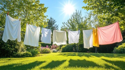 Poster - Bright white sheets and colorful clothes sway on a clothesline in a lush garden, enjoyed on a warm sunny afternoon surrounded by flowers. Generative AI