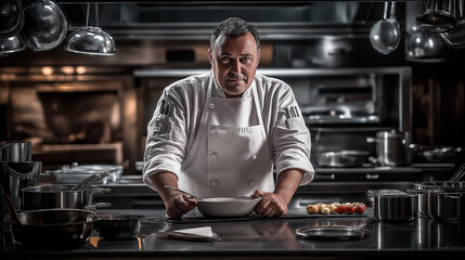 A confident chef standing in a kitchen, Portrait of a chef, A male chef in the kitchen	