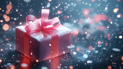 Poster - A beautifully wrapped gift box with a pink ribbon, surrounded by shimmering lights and soft snowflakes, creating a festive and magical atmosphere.