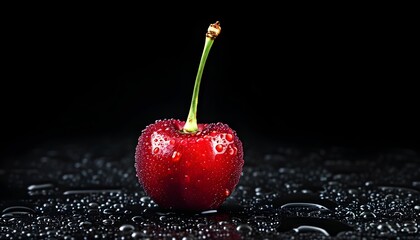 Fresh red cherry adorned with glistening water droplets on a dark background