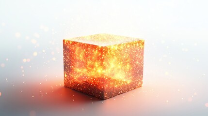 Poster - A glowing energy cube radiating warm light with sparkling particles. Ideal for backgrounds or design elements in digital projects.