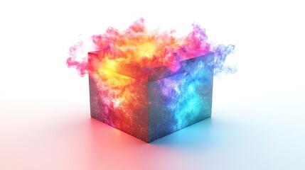 Poster - A colorful explosion of smoke and light emerges from a cube, showcasing vibrant reds, blues, and purples against a white background.