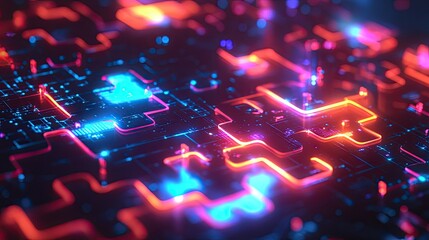 Poster - Bright neon puzzle pieces connecting on a futuristic digital interface, symbolizing API integration