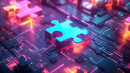 Poster - Bright neon puzzle pieces interlocking in a cyber environment, showcasing smooth API integration in the digital era