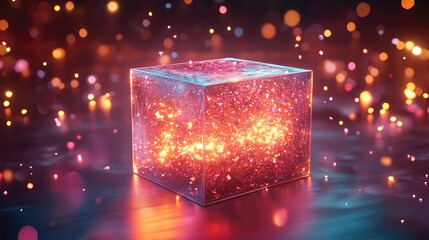 Poster - A shimmering cube surrounded by vibrant, glowing particles, creating a magical and surreal atmosphere, perfect for digital art and design projects.