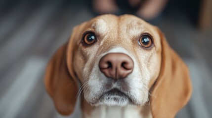 A close-up of a dog with a curious expression, looking directly into the camera. The image highlights the dog's expressive eyes and the bond between pets and people.