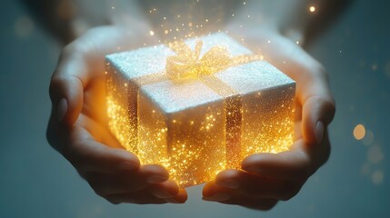 Poster - A pair of hands holds a glowing gift box, surrounded by sparkling lights, symbolizing joy and celebration.